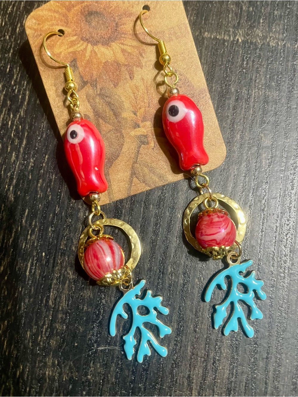 Red Fish Turquoise Coral Charm Earrings
